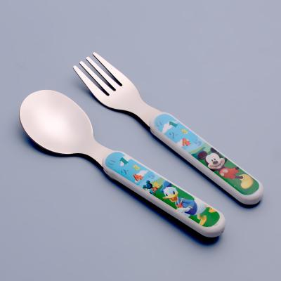 China Viable Design Novelty Baby Products Feeding Tablweware Food Grade Custom Plastic Handle Stainless Steel Baby Cutlery Spoon and Fork Set for sale