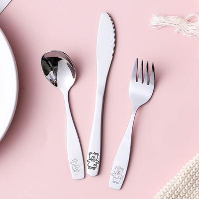 China Home Viable Fancy Animal Design Used 3 Pcs Stainless Steel Baby Spoon Knife And Fork Kids Cutlery Set for sale