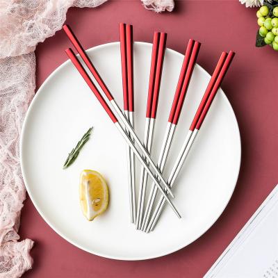 China New Design Viable Custom Chopsticks Decorative Square Shaped Red Spray Paint To Handle 304 Stainless Steel Chopsticks Restaurant for sale