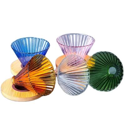 China Sustainable Heat Resistant Stained Glass Coffee Filter Cup With Stand Wooden Filter Funnel Can Be Printed With Logo for sale