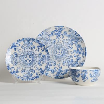 China Fine Bule Porcelain Dinnerware Sustainable And White Pad Printing Sets Flat Dish Ceramic Dinnerware Set for sale