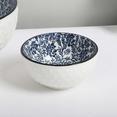 China Sustainable Hot Sale Japanese Style Healthy Pad Printing Ceramic Noodles Roll Under Glazed Embossing Porcelain Bowl for sale