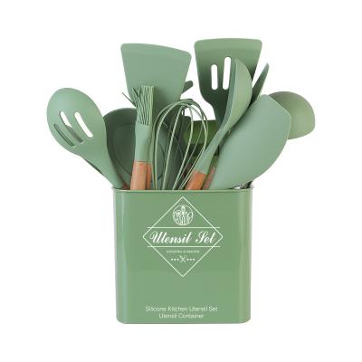 China Sustainable 13 Pieces In 1 Set Kitchen Gadgets Tools Rack Kitchenware Spatula Silicone Cookware Set With Wooden Handles for sale