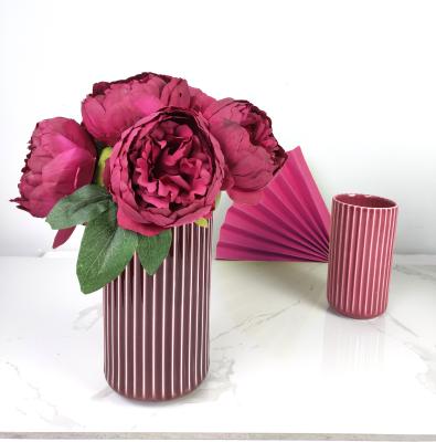 China Nordic red cylinder texture stripe stvle ceramic countertop glazed vase for home decor for sale