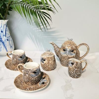 China Creative Animal Design Hand Art Decor Owl Coffee Mug Painting & Saucer Set For Gift for sale