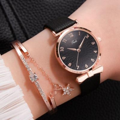 China Women Watches Bracelet Set Flowers Ladies Bracelet Watch Casual Leather Quartz Wristwatch 2pcs Set Clock Gifts Relogio Feminino for sale