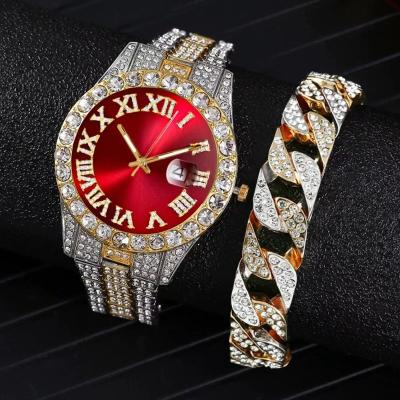 중국 2 pcs Luxury Brand Iced Out Watch Men Bracelet Gold Full Diamond Men's Watches Quartz Hip Hop Diamond Male Wristwatch 판매용