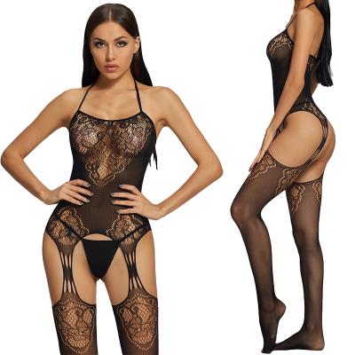 China Breathable Women Sexy One Piece Mesh Body Stocking Sheer Neck Mesh Bodystocking Halter Lace Sexy Lingerie Uniform for sale