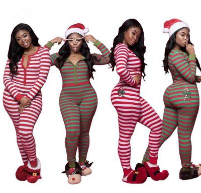 China Custom QUICK DRY winter pajamas adult sexy jumpsuit long girdles Holiday Christmas women striped sleepwear for sale