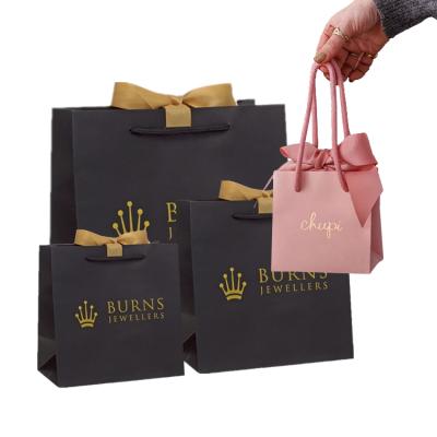 China Luxury famous manufacturer brand clothing jewelry gift shopping recyclable packaging small black paper bags custom printing with your own logo for sale