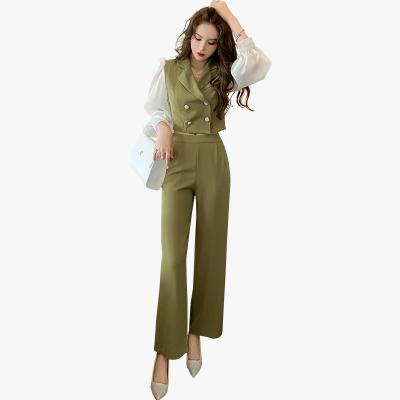 China GCC QUICK DRY 2021 new fashion Korean version of office wear ladies lantern sleeve leisure elegant suit springs 2 piece set for sale