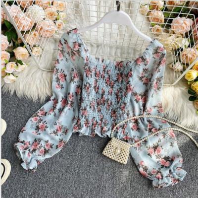 China 2021 New Style High Quality Causal Lantern Sleeve Anti-pilling Short Chiffon Tops Shirts Spring Summer Crop Floral Printing Top Women for sale