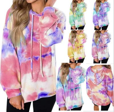 China Ecowalson Harajuku Waffle Tie Dye Print Hooded Tops Breathable Knitted Hoodies Women Loose Sweatshirt Autumn Winter Female Hoody Pullovers for sale