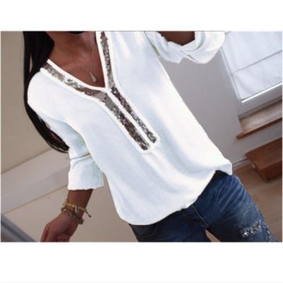 China The Coldker long-sleeved shirt of the new casual wear solid color breathable sequins V-neck large size women's stitching T-shirt for sale