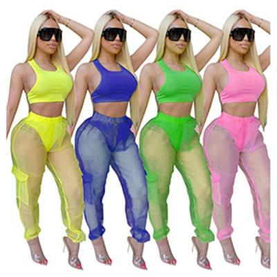 China Anti-pilling Fashion Solid Color Summer Casual Tops And Sexy Mesh Pants 2 Pcs Tracksuit Teams Women Two Piece Set Clothing For Women for sale