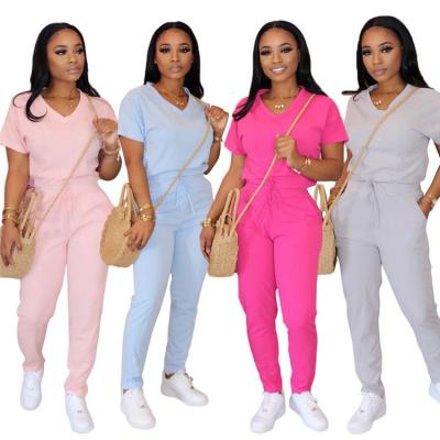 China Anti-pilling T-shirt and pants wholesale sports 2020 casual v-neck color set fashion style pure women sportswear 2 piece sets for sale