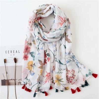 China New Viscous Gilded Fringed Cotton Canvas Scarf For Women Flower Shawl WA0011 for sale