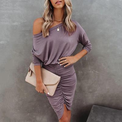 China 2021 QUICK DRY New Design Summer Long Sleeve O-neck Spring And Buttocks Pleated Sexy Irregular Girl Dress for sale