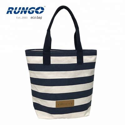 China Custom Organic Blue White Stripe Print Cotton Canvas Full Beach Tote Bag for sale