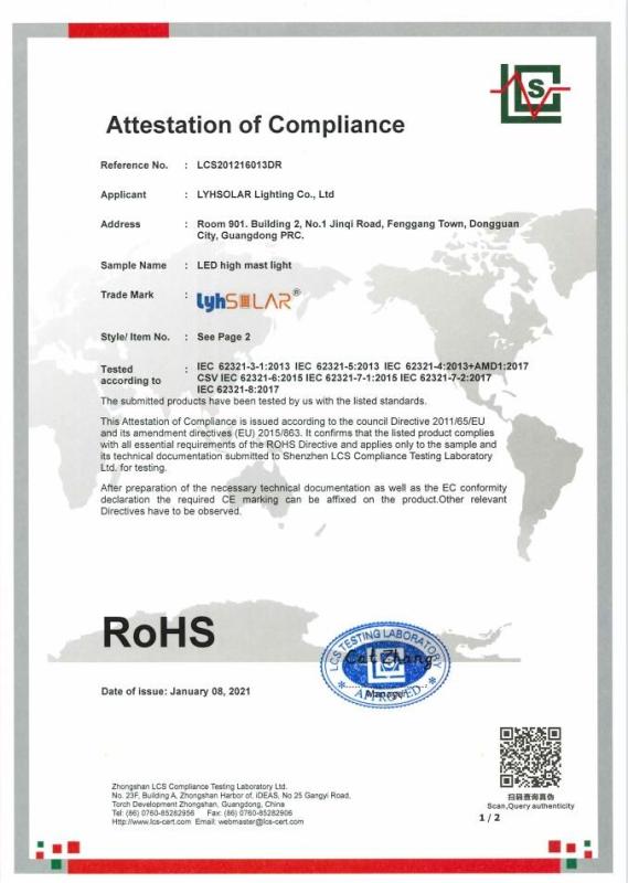 RoHS Certificate - DONGGUAN LYHSOLAR LIGHTING CO.,LTD