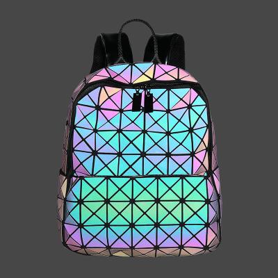 China 2021 New Fashion Style Backpack Waterproof Custom Logo Geometric Luminous Pu Women School Backpack Bags for sale