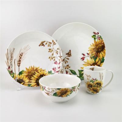 China Sustainable White Porcelain Dinnerware Sets 16pcs For 4 People With Yellow Sunflower Designs for sale