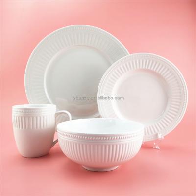 China Viable Porcelain 16pcs White Embossed Ceramic German Dinner Set for sale