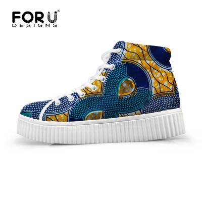 China Fashion Trend Forudesigns Blue Platform Shoes Africa High Top Fabric Printed Shoes 3D Women Shape Fashion Casual Breathable Creepers for sale