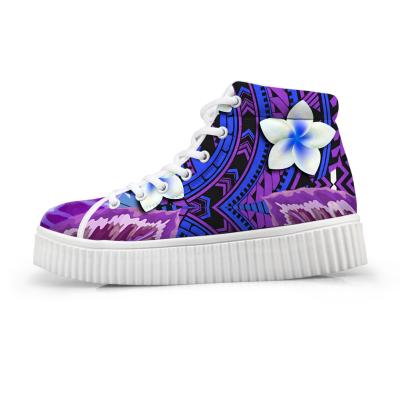 China Fashion Trend Tattoo High Top Platform Shoes Plumeria Samoan Tribal Women Lace Up Purple Flat Shoe For Lady Female Height Increasing Shoe for sale