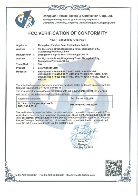 FCC - Zhongshan Yinghao Solar Technology Co., Ltd.