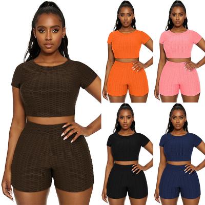 China Amazon European Style Women Breathable Short Sleeve Collar And Buttock Solid Color Round Yoga Two Piece Suit for sale