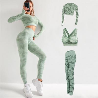 China Yoga 3PC Gym Set Sports Suit Long Sleeve Crop Top Reversible High Waist Leggings Seamless Fitness Workout Clothes Women's Sportswear for sale