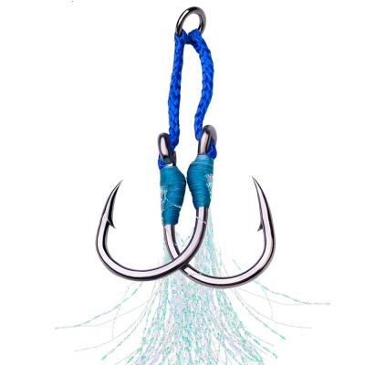 China Anti Corrosion Double Aid Jig Fishhook Jig Lure Stainless Steel Slow Basting Aid Twin Hook Set With Feather For Fishing Lure for sale