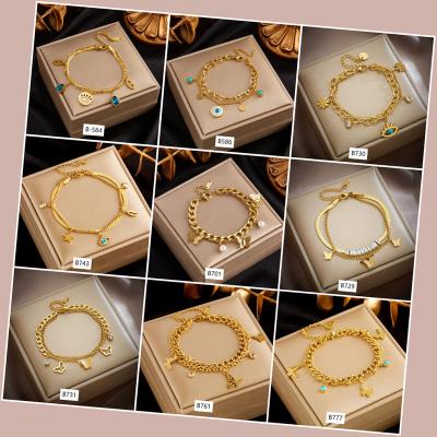 China CLASSIC Paper Clip Chain 18K Gold Plated Double Layers Tennis Lucky Eye Bracelet Stainless Steel Evil Eye Cuban Chain Pendant Bracelet for sale