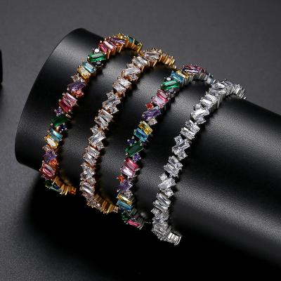 China Hiphop ROMY Ladies Baguette Tennis Bracelet 6mm Cooper Rainbow Adjustable Women Zircon Bracelet Fashion Jewelry for sale