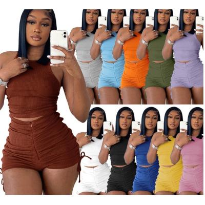 China Anti-pilling 2022 new ladies tracksuit sports invest ribbed drawstring stacked summer women shorts two-piece set for sale