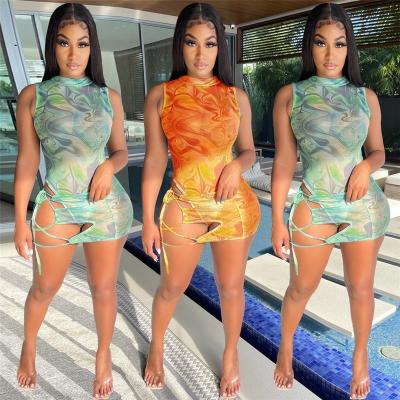 China X05600S 2022 New Viable Women's Spring Solid Color Straps Printed Sleeveless Mesh Overalls Set for sale