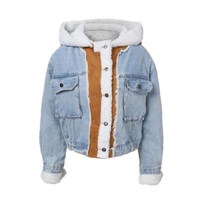 China J1123133 L5109-fall 2021 winter women's viable clothing/lamb wool coat patchwork denim hoodie women's stylish jackets for sale