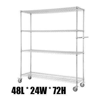 China Metal 4 Tiers Chrome Adjustable Shelving Rack Mobile Stocked Wire Hand Push Cart Cart On 3