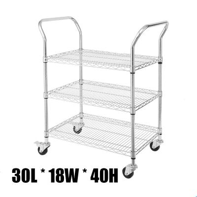 China Stocked Chrome Wire Shelving 3 Tiers Heavy Duty Carbon Steel Storage Display Rack Mobile Shelving Unit for sale