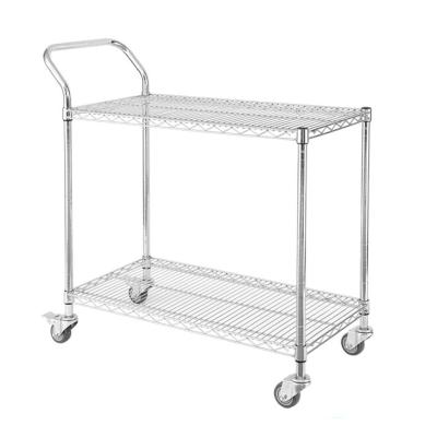 China 2-Tier Adjustable Metal Wire Food Storage Shelving Unit Minimalist Rolling Serving Heavy Duty Cart with Handle Bar and Wheeled Cart for sale