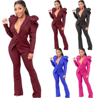 China Anti-Wrinkle Puff Sleeve Women Blazers Teams Dresses Women Lady Elegant 2 Piece Set Teams Women Two Piece Clothes for sale