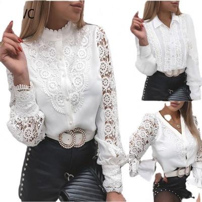 China YP Viable 2021 Summer Fashion Lace V-Neck Button Long Sleeve Blouse for sale