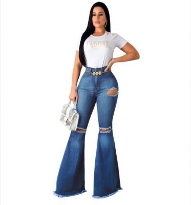 China QUICK DRY Yeungpok Women Light Blue Elastic Booty Jeans High Waisted Denim Bell Bottom Jeans for sale