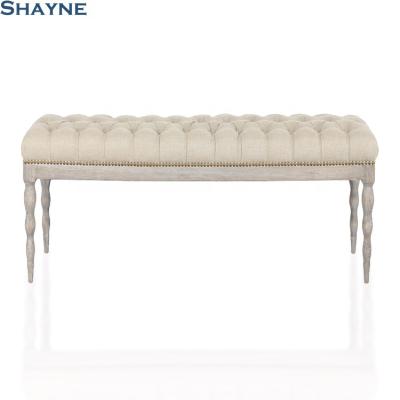 China Shayne Factory Luxury High End Customize Fabric White Wood Carving Stool Upholstered Tufted Comfortable Sofa Stool for sale