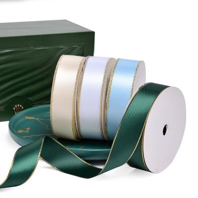 China Custom Ribbon RIBEST Gold Edge Satin Ribbon With Logo Printing For Birthday Gift Packaging for sale