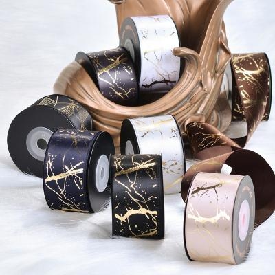 China Ribest Single Face Floral Satin Gilding Customed Printed Ribbon With Logo For Wrapping Gifts Bow Hair Ornaments for sale