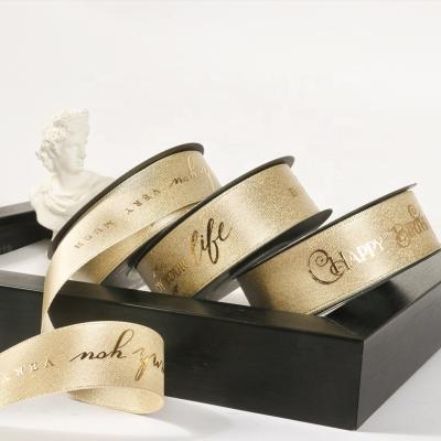 China Luster Ribest Gold Purl Gilding Ribbon Printing Logo Satin Party Wedding Home Decora Just For You Roll for sale