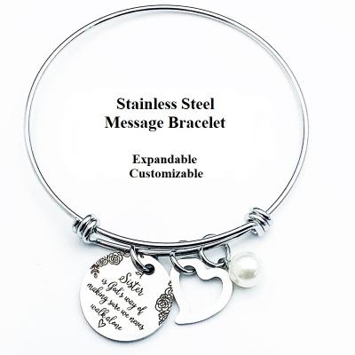 China CLASSIC Hot Selling Sisters Gift Custom Bangle Stainless Steel Adjustable Bracelet Lettering Bead Pendant Bracelet for sale