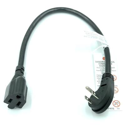 China Home Appliance 1ft Black cUL Profile Ultra Low NEMA 5-15P Right Angle to 5-15R 3X16AWG Extension Power Cord for sale